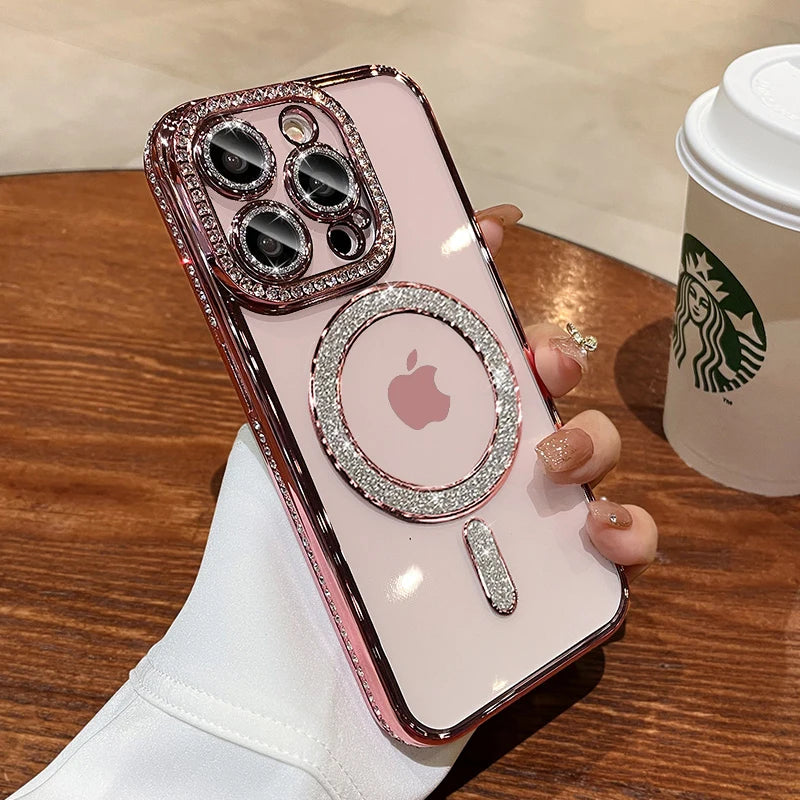 Case Luxo cristal diamante caso para iphone 12 13 14 15 pro max plus magsafe magnético capa para carregamento sem fio