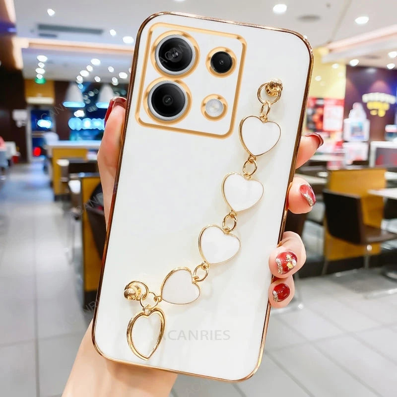 For Xiaomi Redmi Note 13 Pro 4G Plus 5G Luxury Plating Love Heart Bracelet Chain Case On Mi Poco X6 M6 Note13 13pro Band Cover