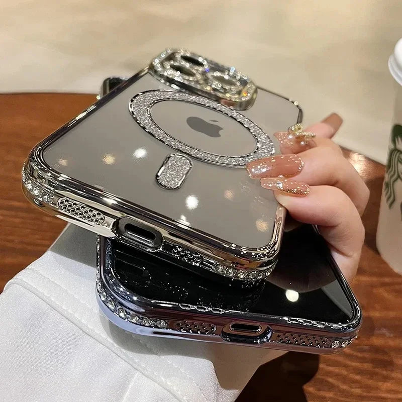 Case Luxo cristal diamante caso para iphone 12 13 14 15 pro max plus magsafe magnético capa para carregamento sem fio
