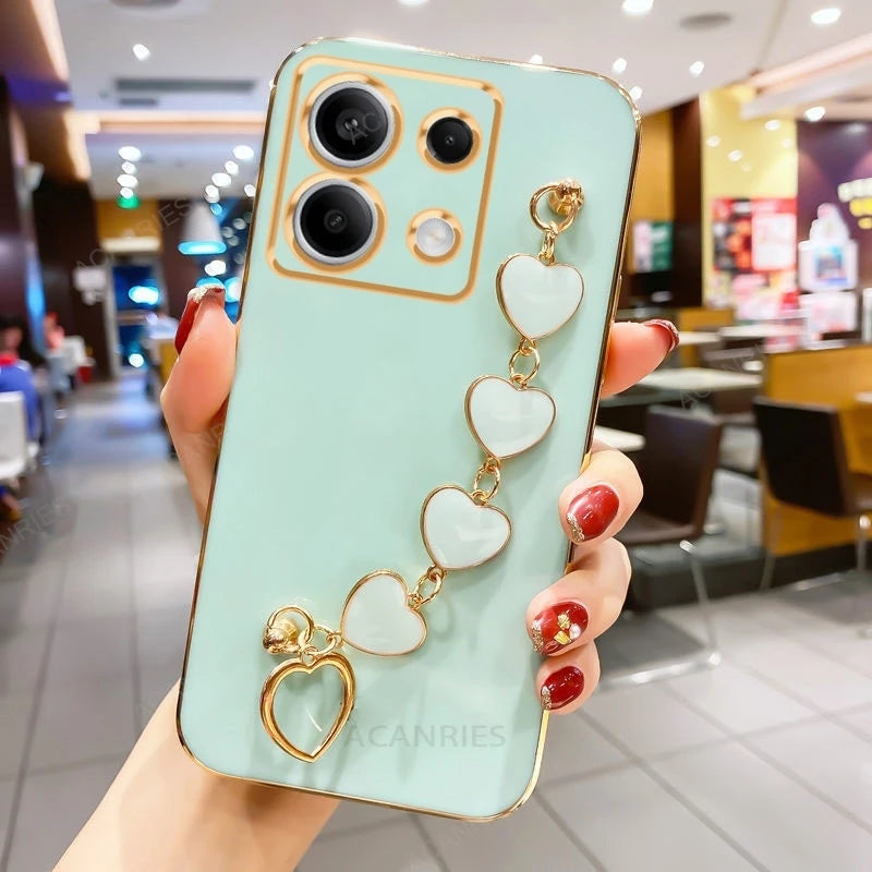 For Xiaomi Redmi Note 13 Pro 4G Plus 5G Luxury Plating Love Heart Bracelet Chain Case On Mi Poco X6 M6 Note13 13pro Band Cover