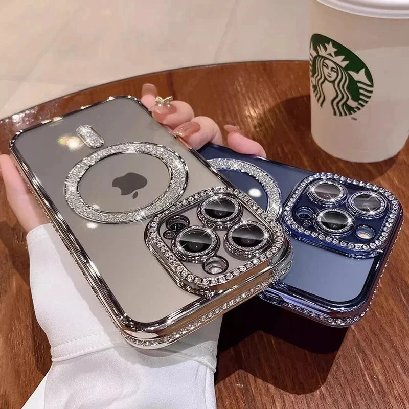 Case Luxo cristal diamante caso para iphone 12 13 14 15 pro max plus magsafe magnético capa para carregamento sem fio