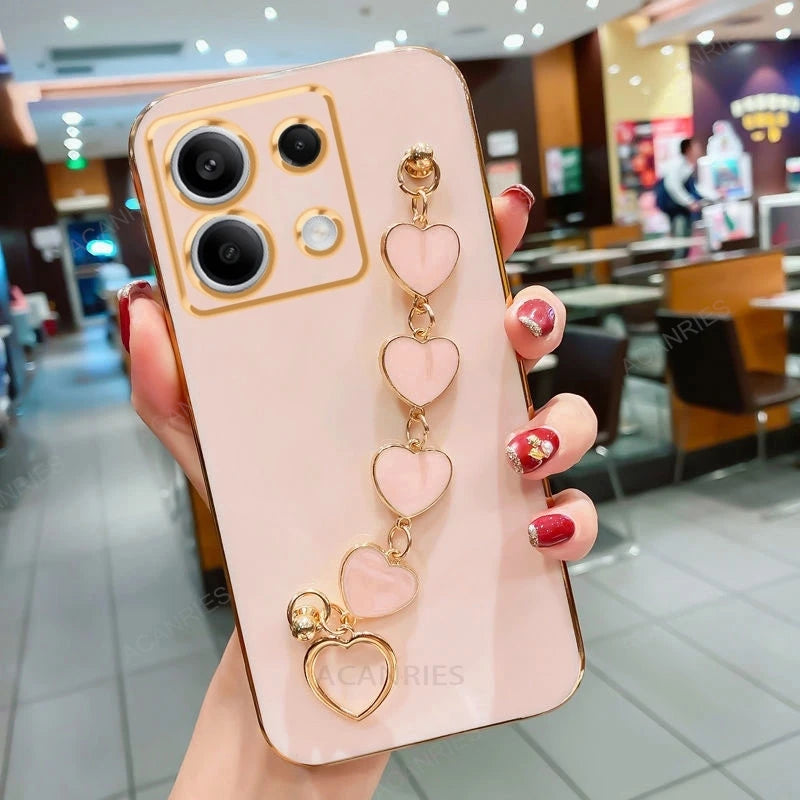 For Xiaomi Redmi Note 13 Pro 4G Plus 5G Luxury Plating Love Heart Bracelet Chain Case On Mi Poco X6 M6 Note13 13pro Band Cover