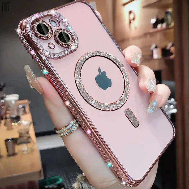 Case Luxo cristal diamante caso para iphone 12 13 14 15 pro max plus magsafe magnético capa para carregamento sem fio