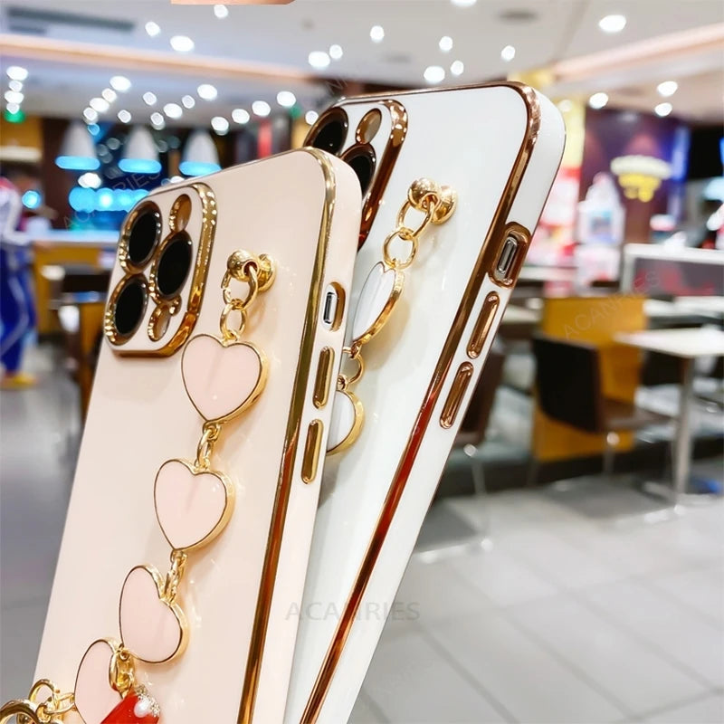 For Xiaomi Redmi Note 13 Pro 4G Plus 5G Luxury Plating Love Heart Bracelet Chain Case On Mi Poco X6 M6 Note13 13pro Band Cover