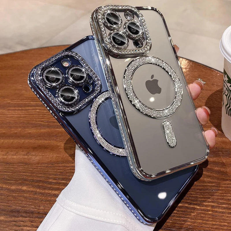 Case Luxo cristal diamante caso para iphone 12 13 14 15 pro max plus magsafe magnético capa para carregamento sem fio